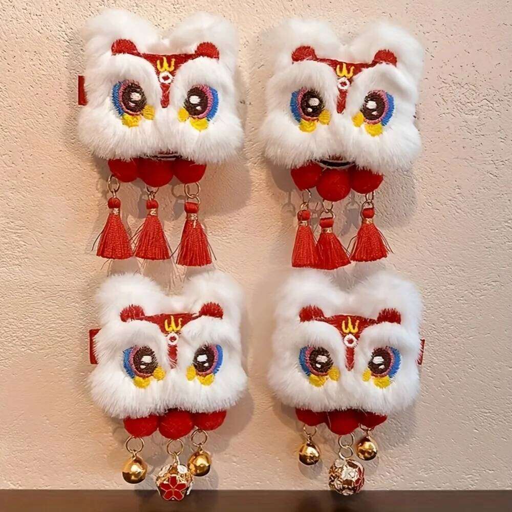 2 Pcs Chinese Style Lion Dance Hair Clips,Plush Animal Tassel Design,New Year Accessories and Gift Sets,Lion Dance,Hair Clips