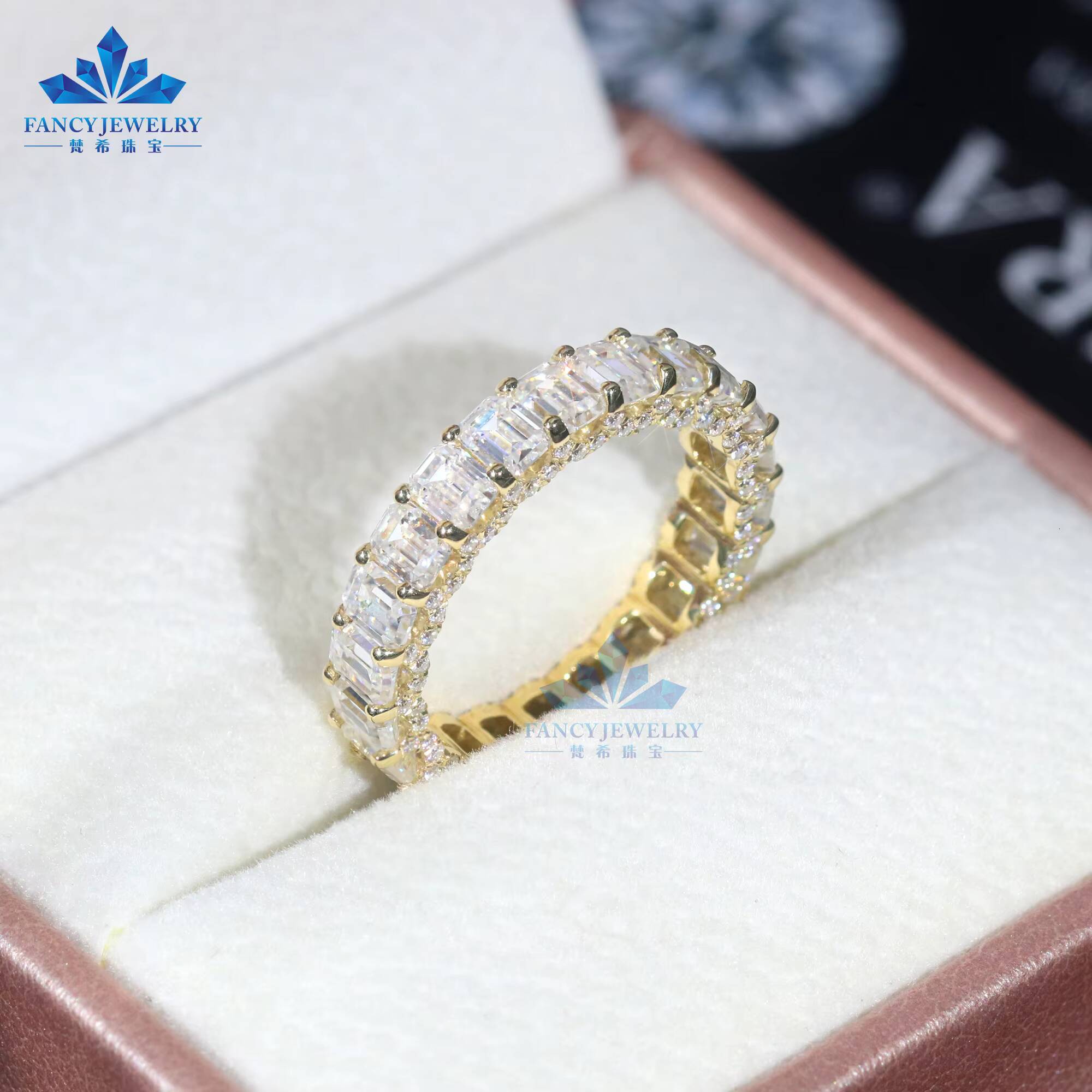 Fine Jewelry 14K Solid Yellow Gold Moissanite Rings Ice Out Women Men Emerald Cut 3x4MM Moissanite Engagement Eternity Rings