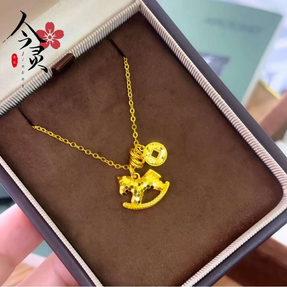 Store Same Style Sand Gold Sparkling Instant Wealth Necklace for Women, Light Luxury Niche Design, Crushed Ice Trojan Horse Copper Coin Choker