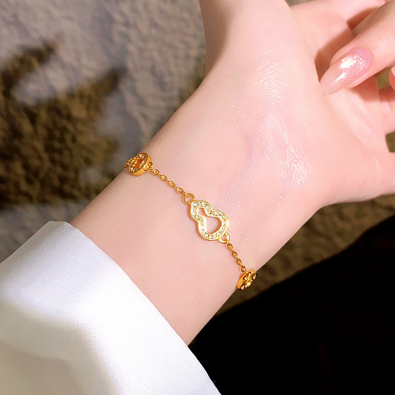 Real Gold Plated Zircon Gourd Copper Coin New Chinese Style National Temperament High-end Sense Bracelet Light Luxury Niche Hand Jewelry
