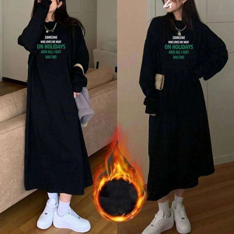 Korean Fashion Autumn Winter Long Knee Length Dress Women's Round Neck Printed Letters Patchwork Loose Fleece Thick Warm Dresses XJ260130