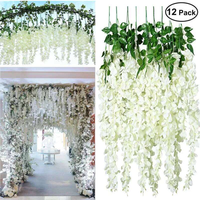 12PCS Artificial Fake Wisteria Vine Ratta Hanging Garland Silk Flowers String Home Party Wedding Decor Y260130