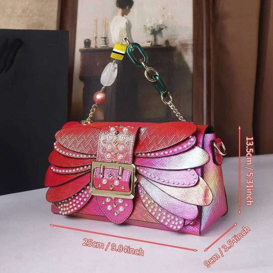 OLOEY Fashion Handheld Banquet Women's Pearl Colorful Gradient Crossbody Rivet Decorative Chain Bee Wings Shoulder Bag High-End Single-Shoulder B