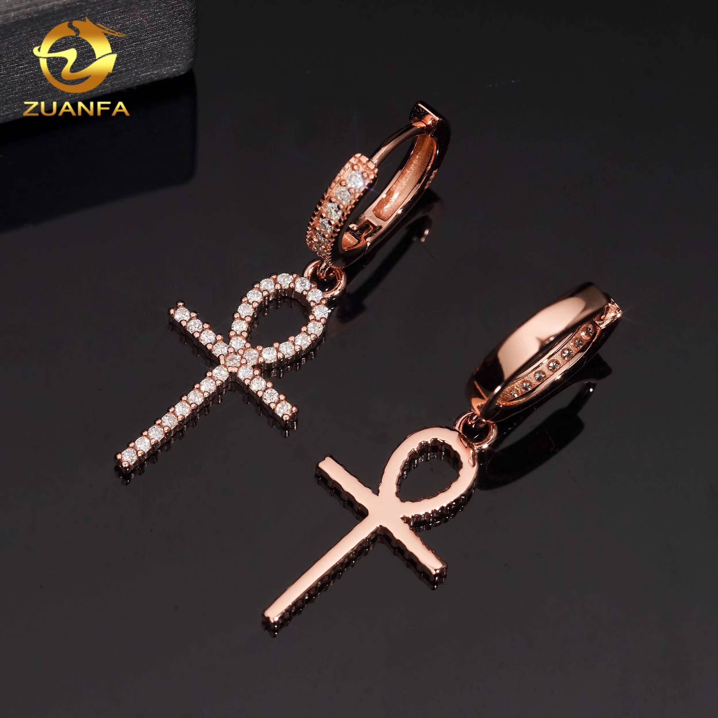 37mm Tall One Row Ankh Cross Stud Earrings Moissanite 925 Silver Real Gold Plated Hip Hop Jewelry Mens Moissanite Earrings