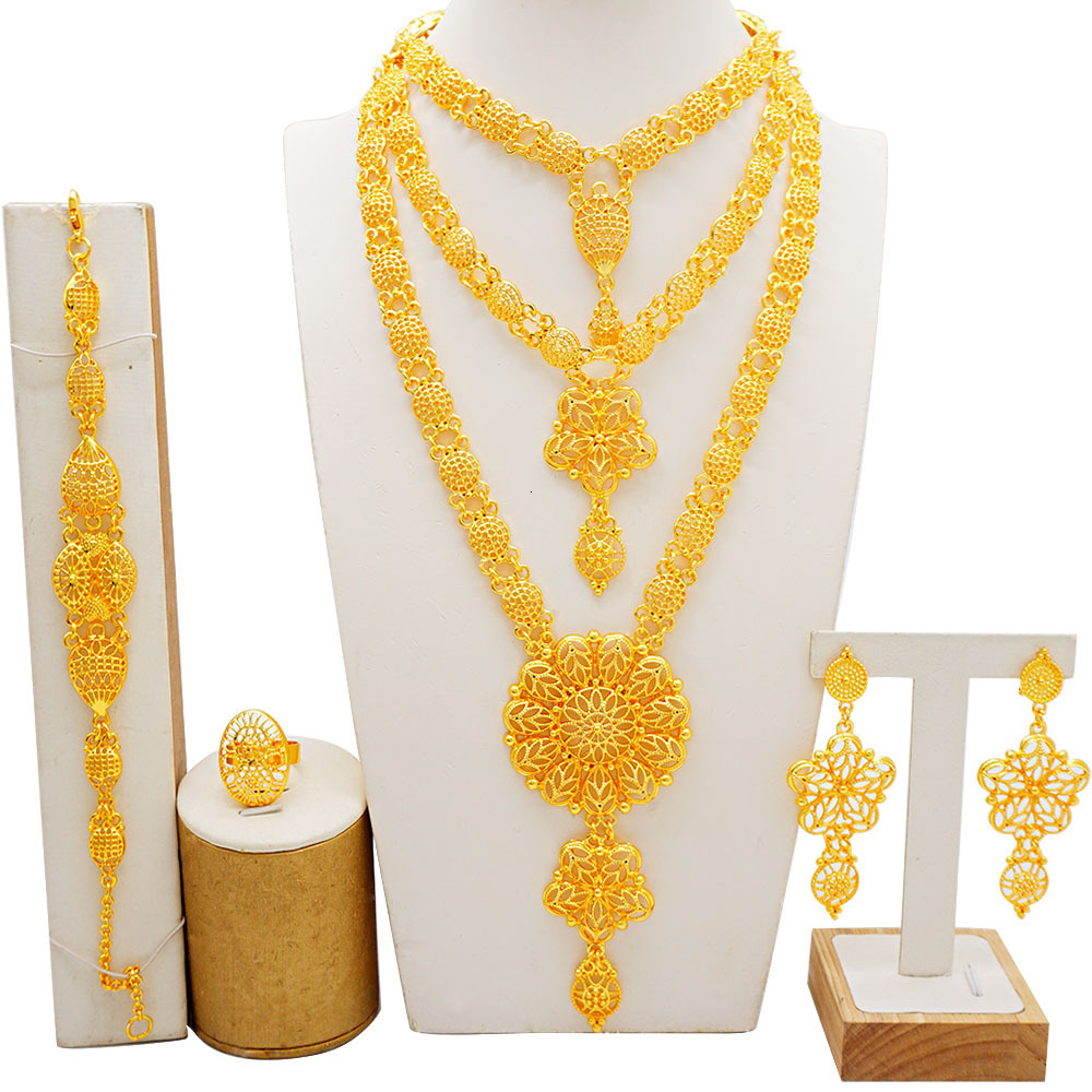 3-layer Gold Plated Dubai Wedding Party Extra Long Necklace Bracelet Earrings Ring 4-piece Set230506
