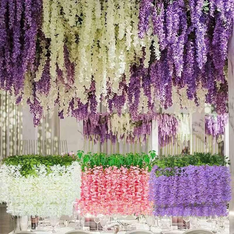 6/12PCS Artificial Wisteria Flowers 110cm Trailing String Ratta Thick Silk Vine Hanging Garland for Home Party Wedding Decora Y260130