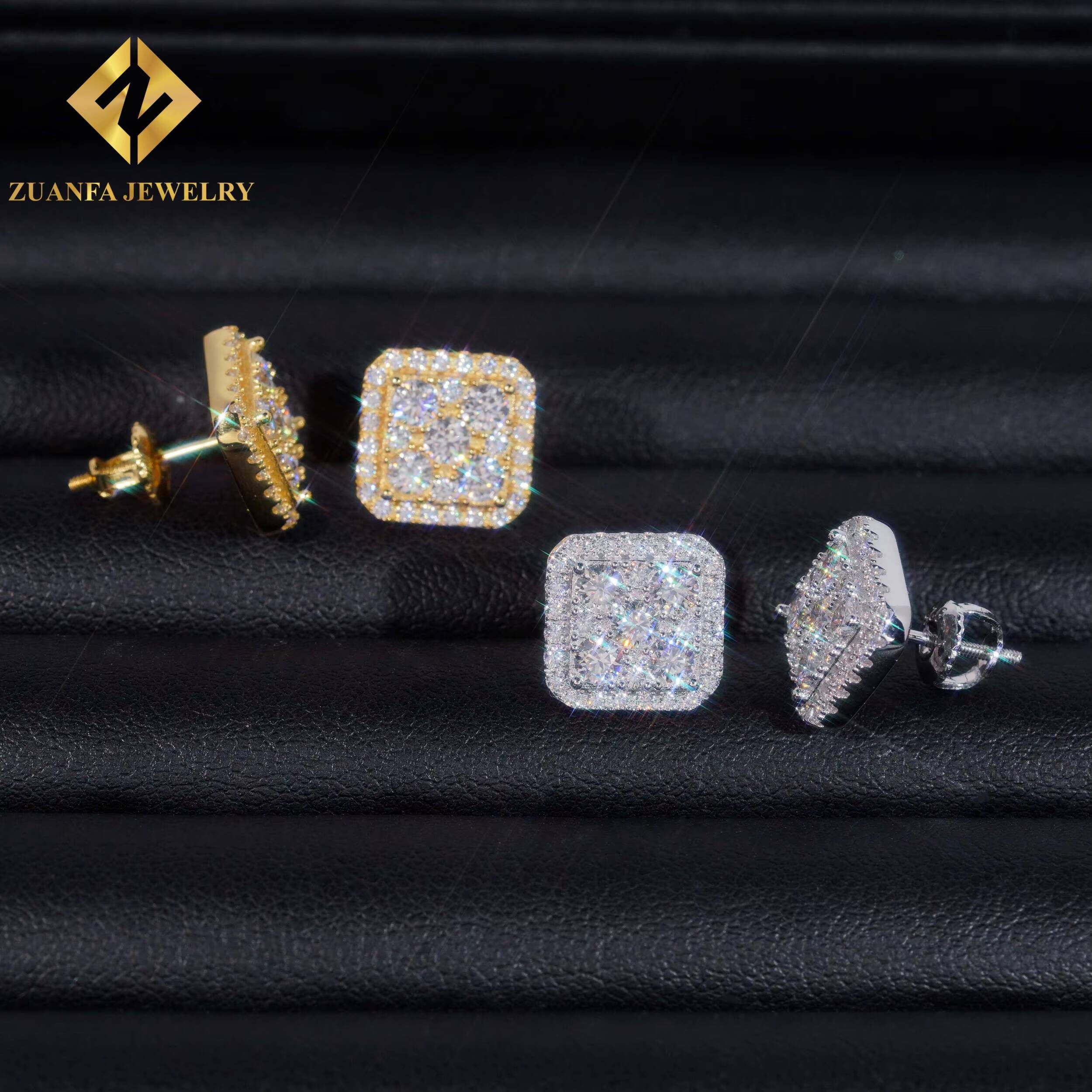 Square Shape VVS Moissanite Stud Earrings 925 Silver Gold Plated Stud Earring Fine Hip HOP Jewelry Men Women