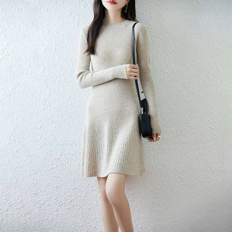 Yoyoselect 100% Merino Wool Women's O Neck Mini Length Autumn Winter A Line Slim and Flare Thickened Soft Warm Dress XJ260130