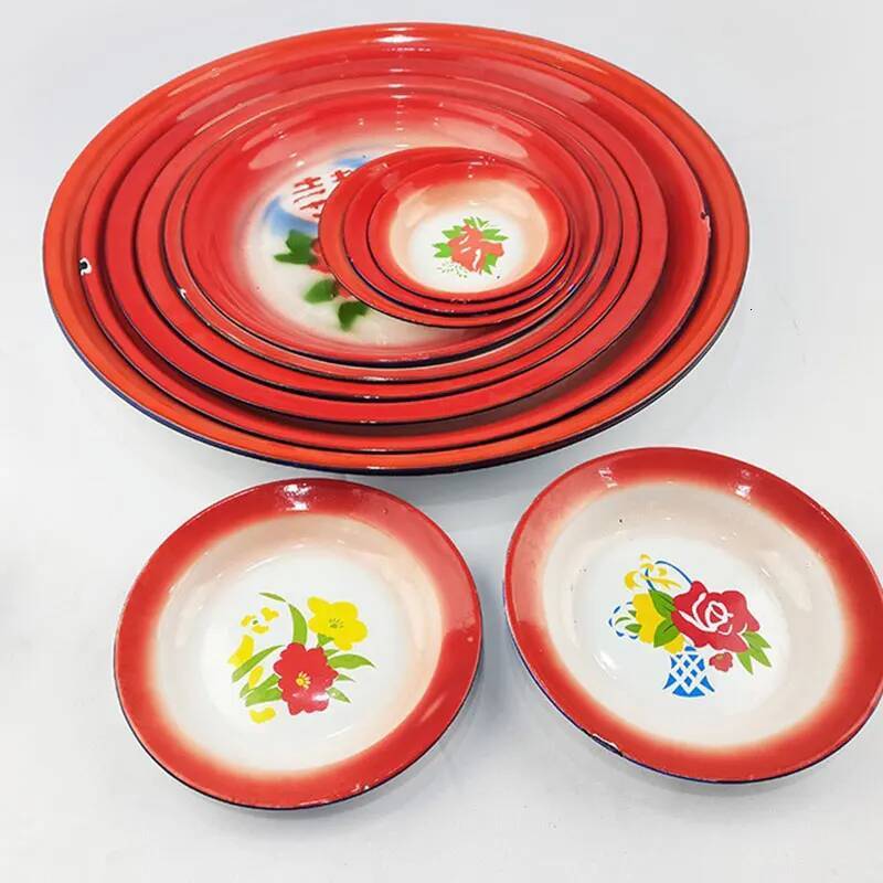 18/25/35/40cm Vintage Enamel Snack Serving Plate Chinese Traditional Round Tea Tray Wedding Party New Year Decor Tableware ddmydog