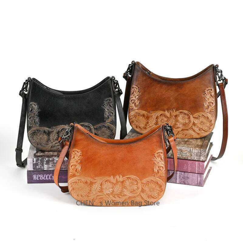 New Retro Embossed Shoulder Bags Genuine Leather Women S Bag Versatile Cowhide Handmade Handbag KABAHEBINGJUE