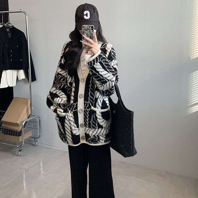 Fashion Plus Size Heavy Craft New Chinese Rope Jacquard Knitted Cardigan Loose Lazy Style Sweater Coat For Women Autumn Winter Trend LEEGO LENS