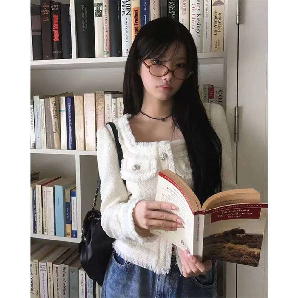 ZHE HAN Cropped Tweed Jacket Women Vintage Tassel Patchwork Black Coats Autumn Korean Elegant Square Collar Long Sleeve Outerwears