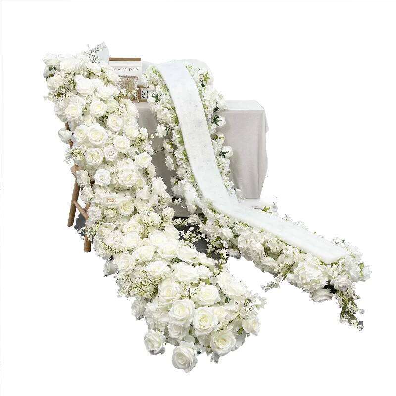 New Luxurs White Rose Sofa Table Runner Flower Row Wedding Backdrop Decor Floral Arrangement Party table Window Display Props W260130
