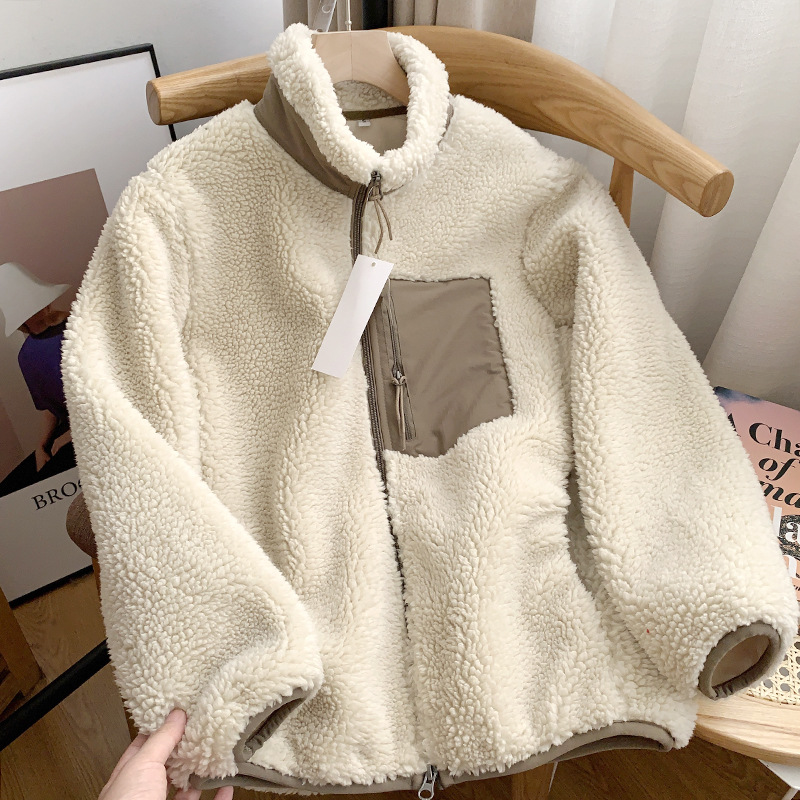 Japanese Style Unisex Fleece Jacket Winter Thickened Warm Stand Collar Sherpa Coat for Men Women Loose Fit Outdoor Zipper Jacket