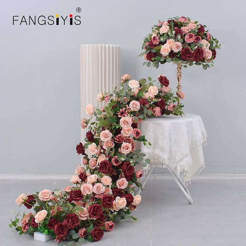 Retro Style Artificial Flowers For Wedding Decoration Long Runner Row Road Leading Flower Ball Floral Table Centerpiece Y260130