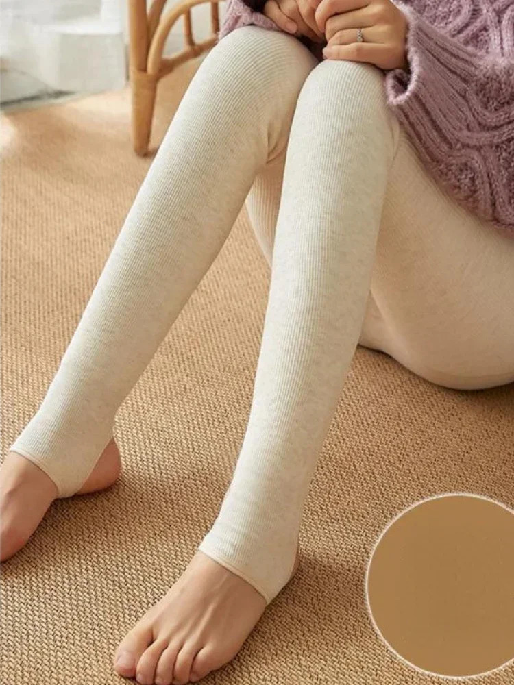 Winter Warm Leggings Women Vertical Stripes Casual Pants Thickened Plush Cotton High Elasticity Solid Waist 260126