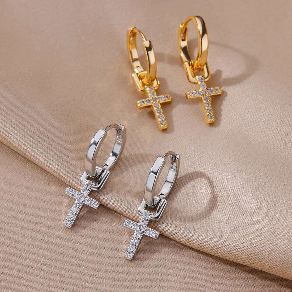 Zircon Dangle Earrings For Women Girls Stainless Steel Cross Earring 2023 Trending Couple Wedding Aesthetic Jewelry aretes