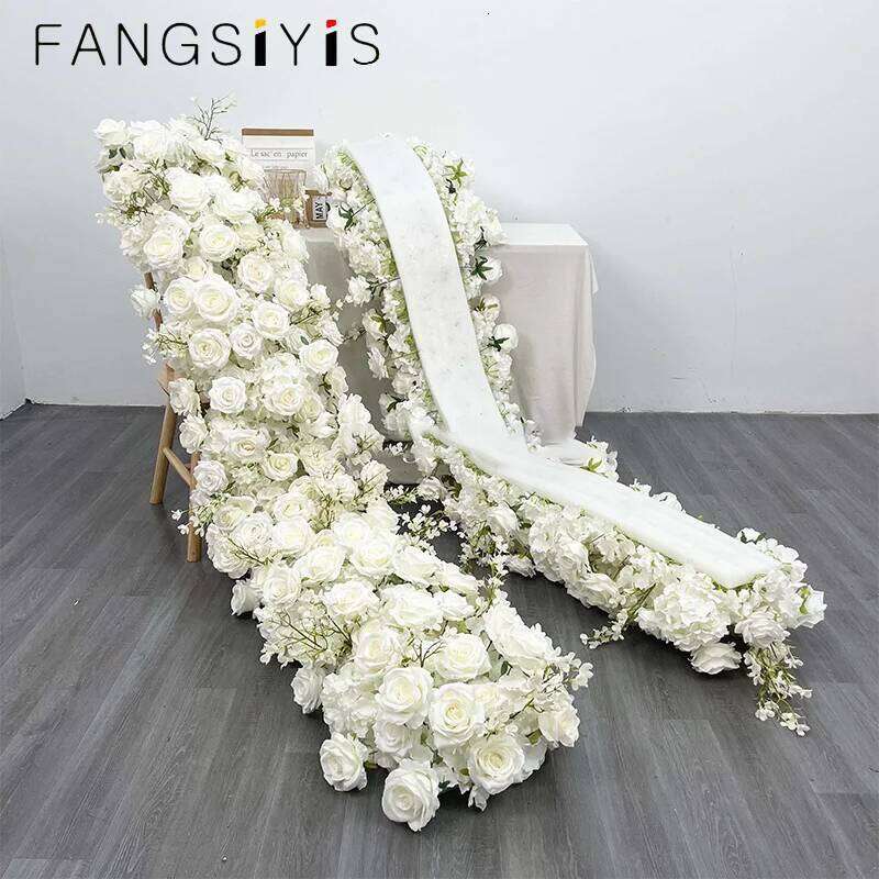 New Luxurs White Rose Sofa Table Runner Flower Row Wedding Backdrop Decor Floral Arrangement Party table Window Display Props Y260130