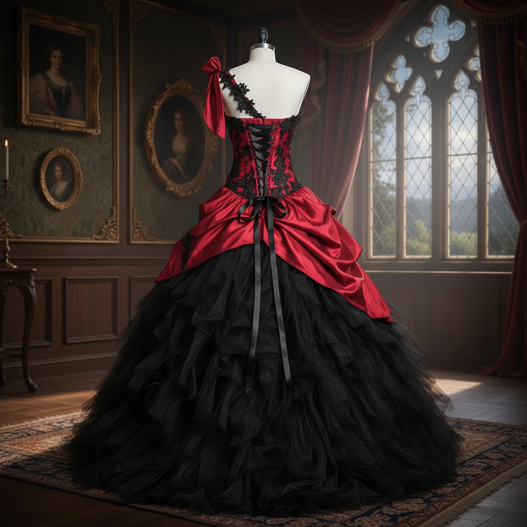 Gothic Black And Red Wedding Dresses One Shoulder Ruched Vintage Victorian Bridal Gowns Tiers Skirt Plus Size Corset Bride Dress 2026