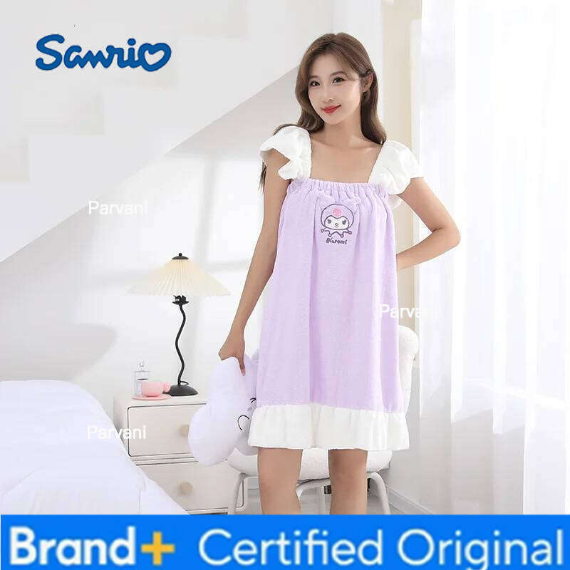 Sanrio Cartoon Girls Kuromi Bath Skirt Autumn Winter New Kawaii Home Clothes Absorb Water Bathrobe Princess Coral Fleece H260130