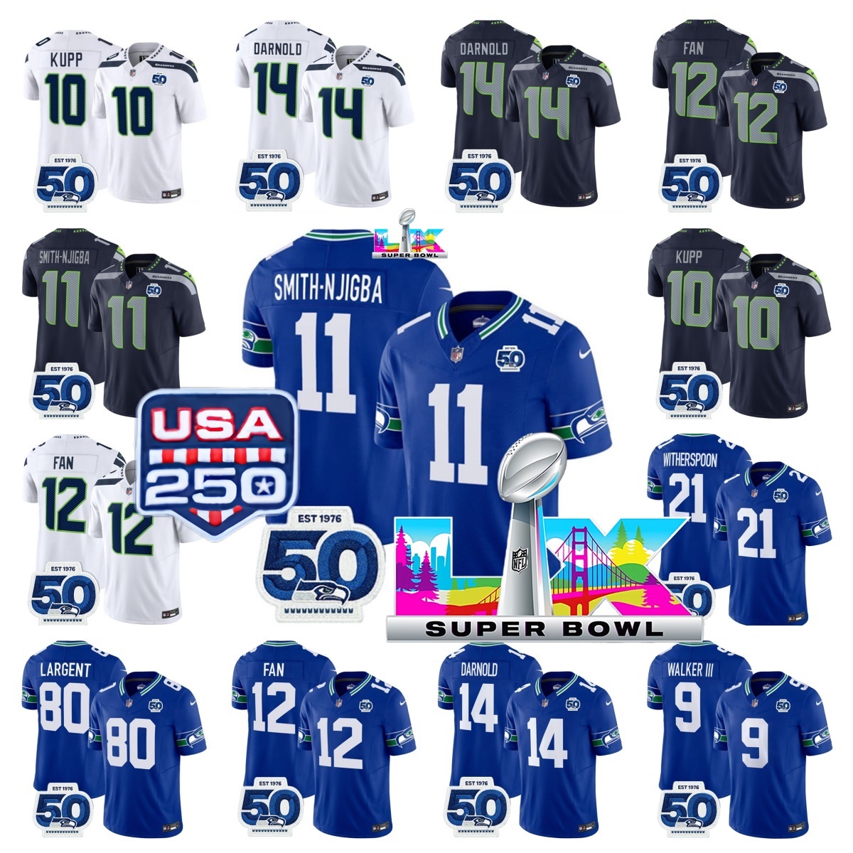 50th Anniversary super bowl LX USA 250 Patch Grey Zabel Zach Charbonnet 14 Sam Darnold Jaxon Smith-Njigba Devon Witherspoon Cooper Kupp Football Seahawks Jersey