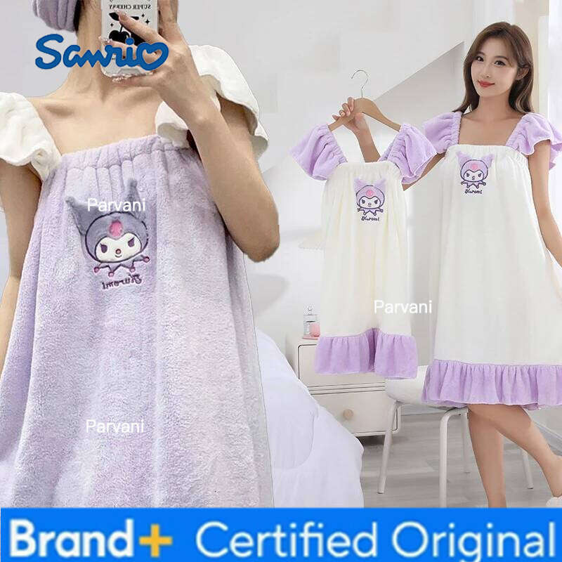 Sanrio Cartoon Girls Kuromi Bath Skirt Autumn Winter New Kawaii Home Clothes Absorb Water Bathrobe Princess Coral Fleece H260130