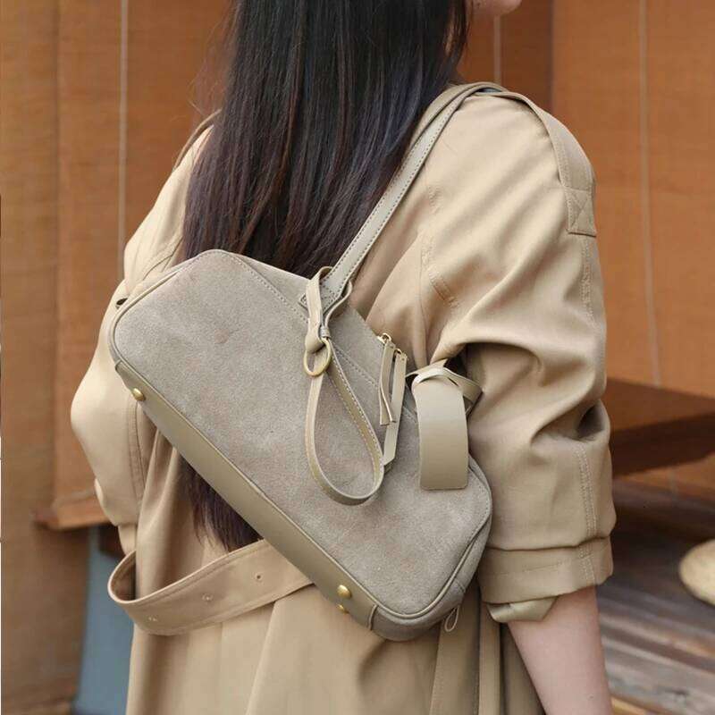 Burminsa Cowhide Suede Genuine Leather Underarm Shoulder Bags For Women 2026 Luxury Designer Bowling Totes Work Ladies Handbags