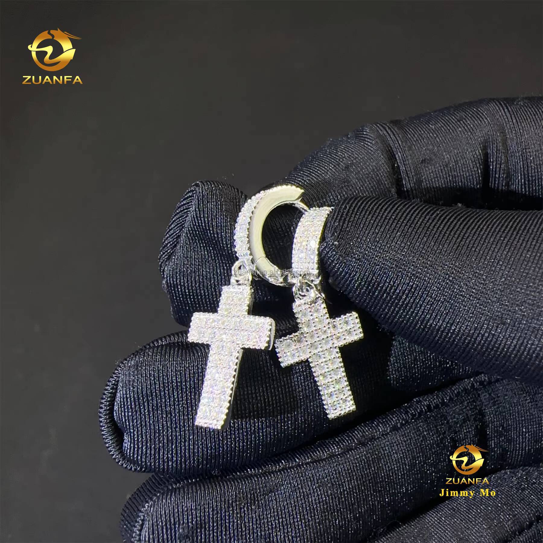 Bulk Stock Best Selling Drop Shipping Gold Plated 925 Silver Iced Out Hip Hop Moissanite Diamond Cross Shape Drop Earrings Men