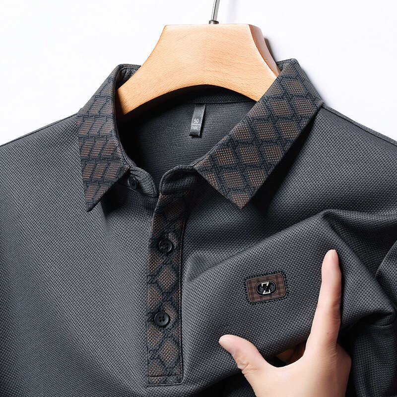 Men's Base Shirt Autumn for Middle-aged and Young Fashion Casual Turn-down Collar with Chest Embroidery Trendy Long Sleeve Polo