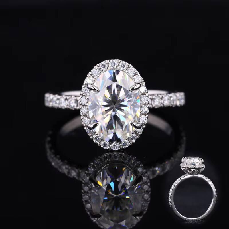 14k White Gold Luxury Style Oval Brilliant Cut Moissanite and Lab Grown Diamond Engagement Ring