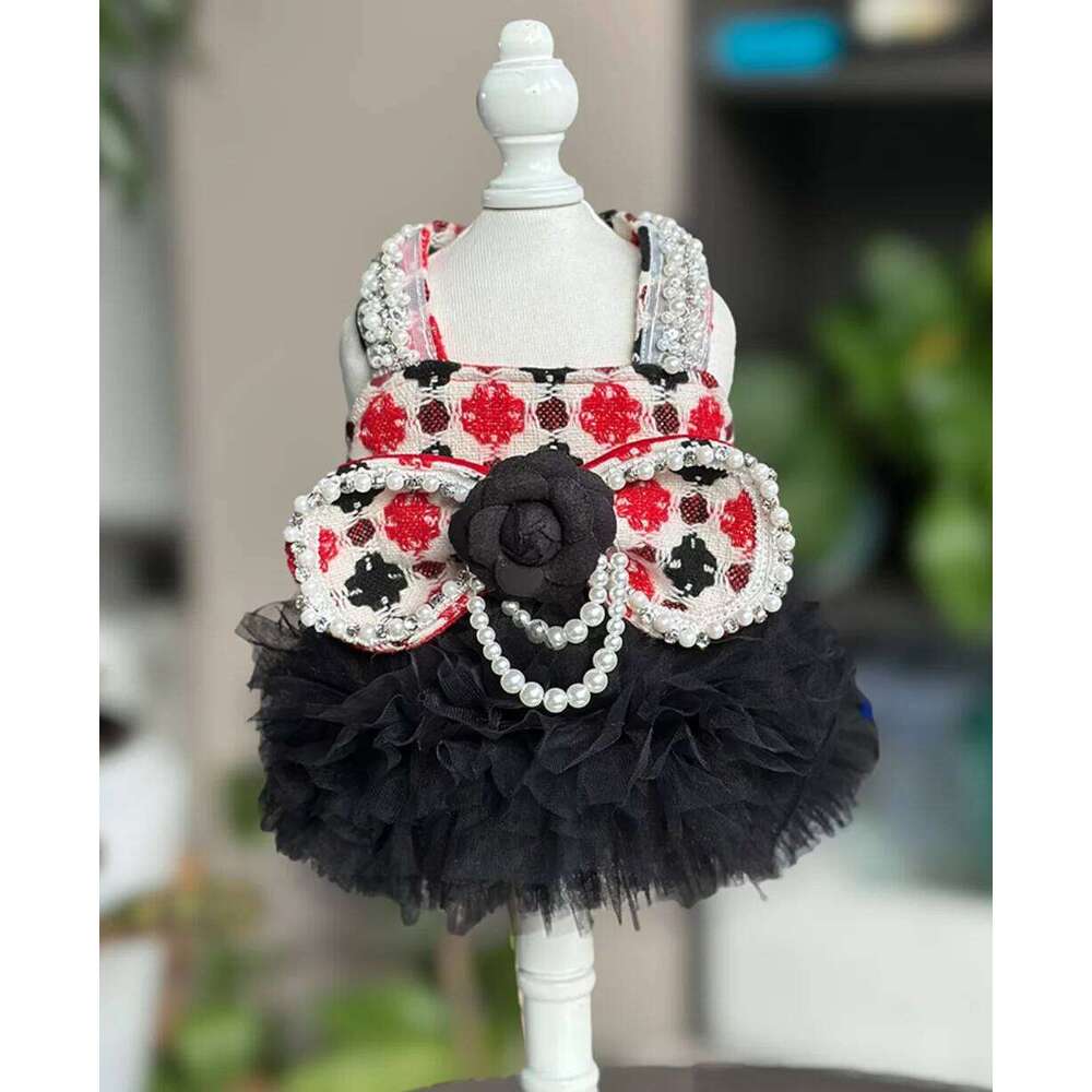 Gentry Girl-Style Pearl Bow Winter Halter Pet High-End Custom Dog Chiffon Dress H260129