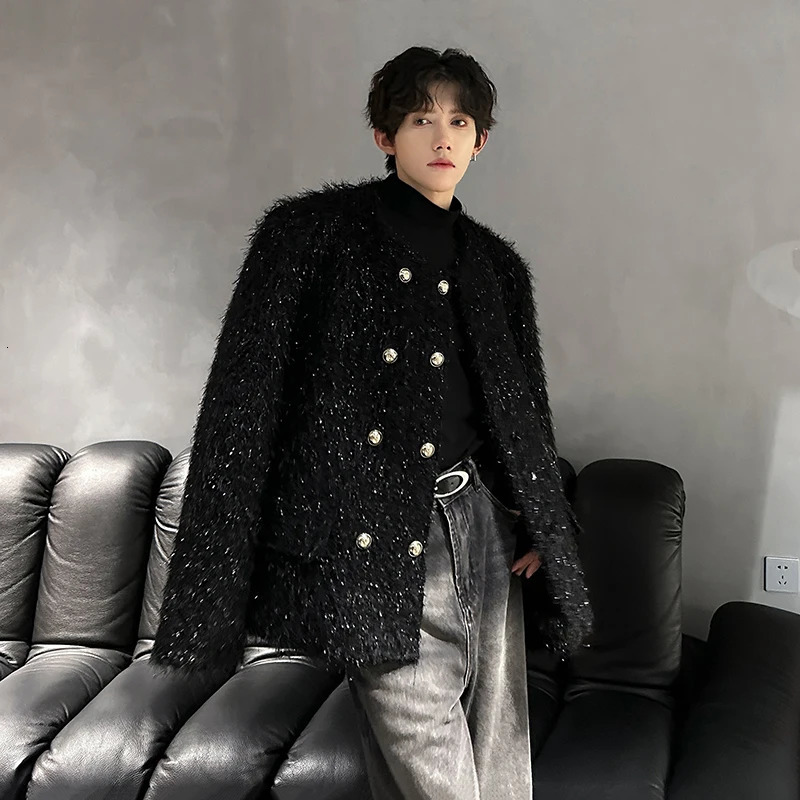 Mens Double-breasted Woolen jacket Cardigan Autumn Winter Trend Collarless Jacket Fashion Korean Style Chic Elgance Coat 260122