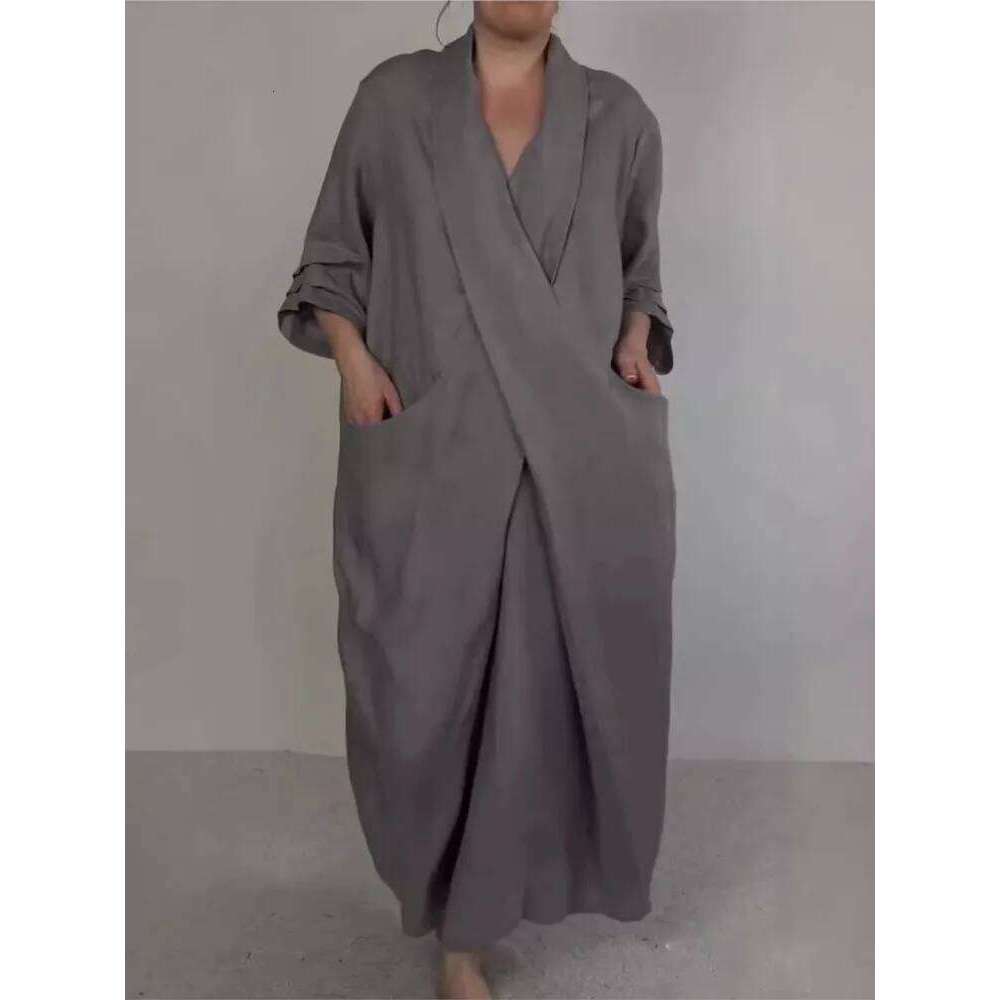 Casual Solid Loose Dress For Female Fashion V Neck Pullover Long Dresses Holiday Clothing Robe Spring Summer Vestidos Para Mujer XJ260130