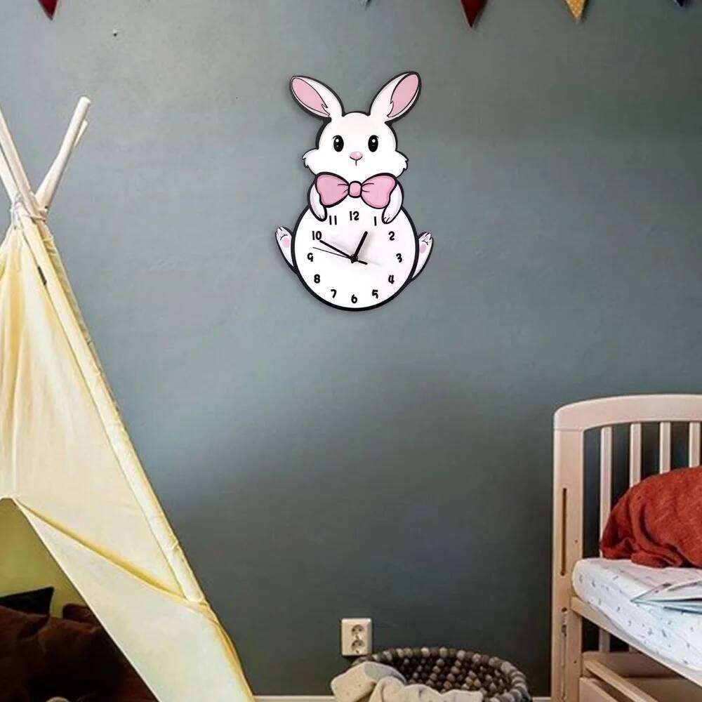 Creative Cute Little White Rabbit Hanging Decorative Cartoon Silent Digital Wall Clock Kids Room W260130