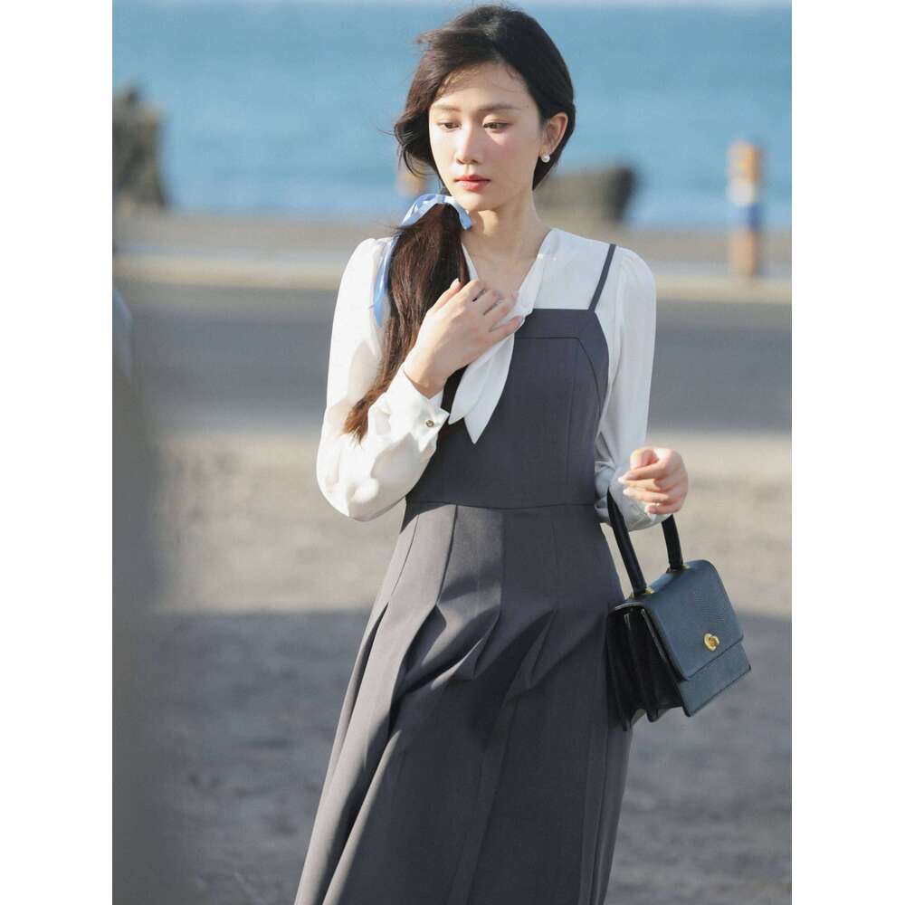 Layered Look Long Sleeve for Women Lady Elegant Slim Fit Waist Defined Midi Dress Casual Academic Style Spring Daily Wear XJ260130
