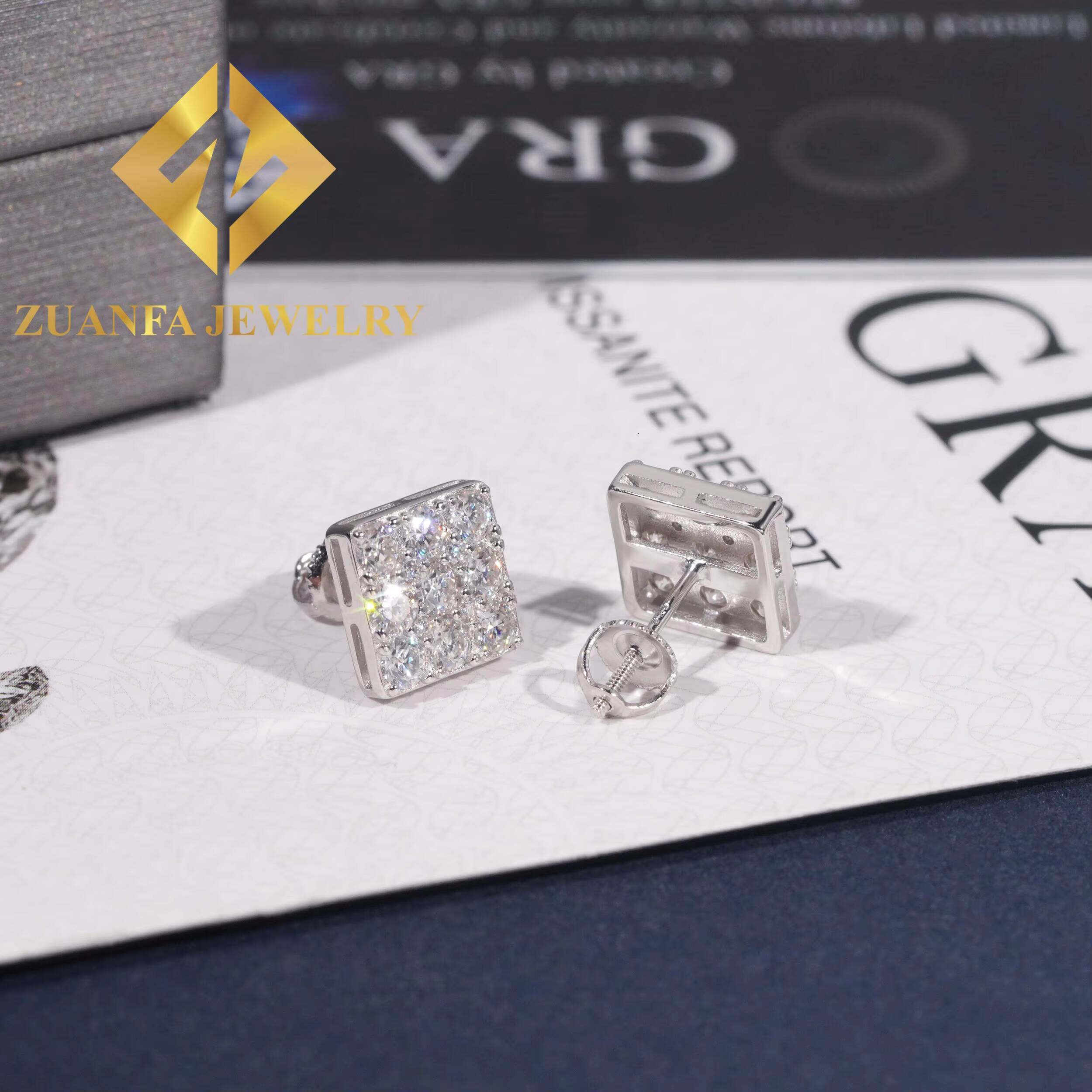 Wholesale Price Hip Hop Square Shape Stud Earring 925 Sterling Silver VVS Moissanite Stud Earring
