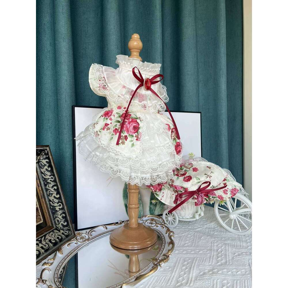 Fine Handmade Cotton Lace Pet Clothes Fashion High-end Flower Print Crystal Bow Princess Dress For Small Medium Dog Poodle H260130