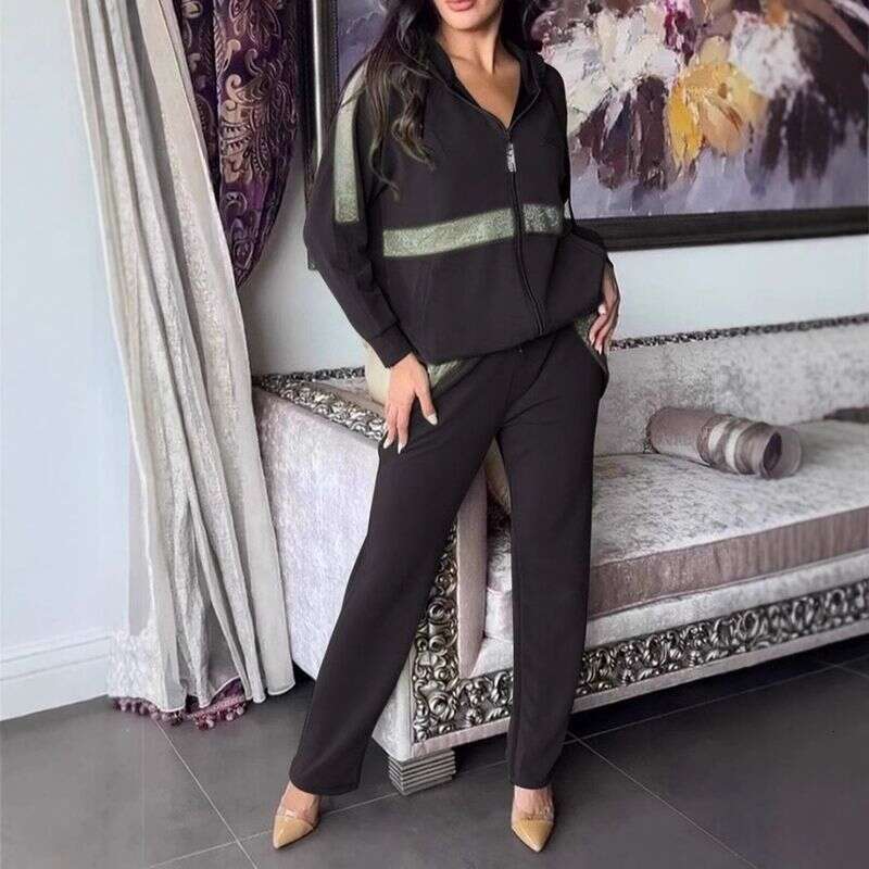 Women Sport Leisure Suit Fall Fashion Diamonds Patchwork Piece Sets Casual Zipper Hooded Sweatshirt Coat Long Pants Women Outfit Winter Sportswear Sui