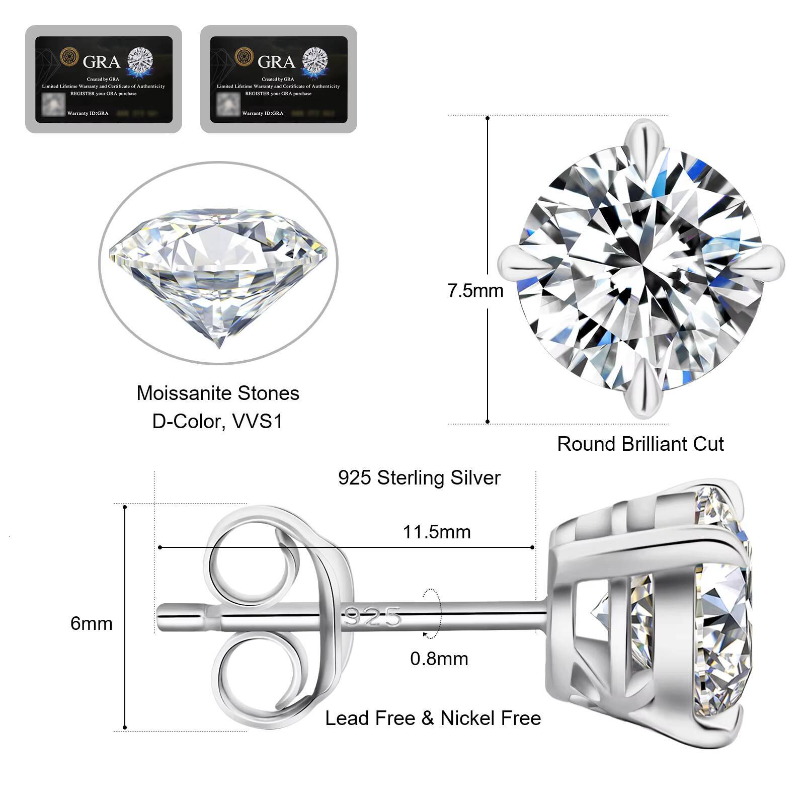 Pass GRA VVS1 05ct 06ct 08ct 10ct 925 Sterling Silver Diamond Men Earring Moissanite Wedding Stud Earrings for Women