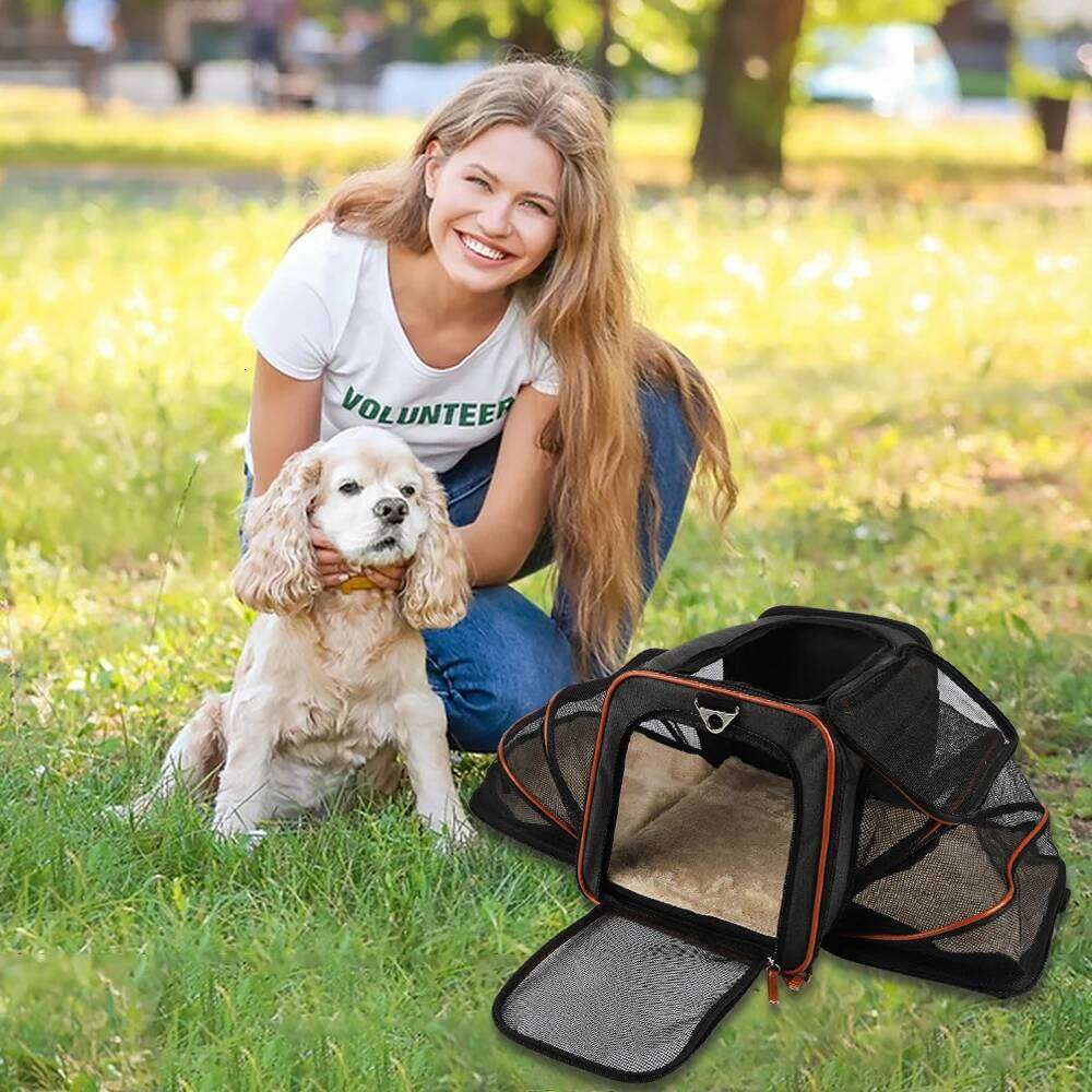 Double-sided expandable cat/dog carrier with removable plush pad, meets airline carry-on regulations, for cats/small dogs 26H0130