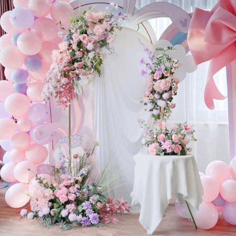 Luxur pink Rose artificial row wedding background decoration moon shape horn table flower Displays Props W260130
