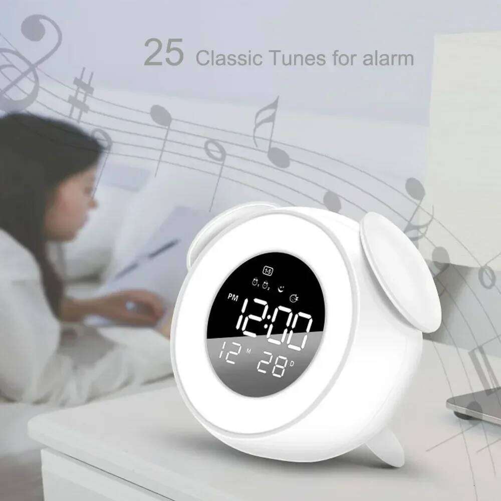 Bedside Sunrise Sunset Wake Up Light Digital Led Music Alarm Mirror Bedroom Desk Calendar Snooze Clock Table Phone Charger W260130
