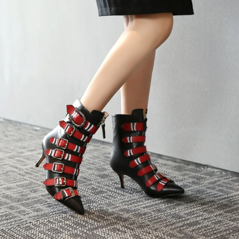 Brand Fashion Show Genuine Leather Women's Short Boots Belt Buckle Pointed High Heels Fashion European American Woman Shoe, kitten heel, zipper, 