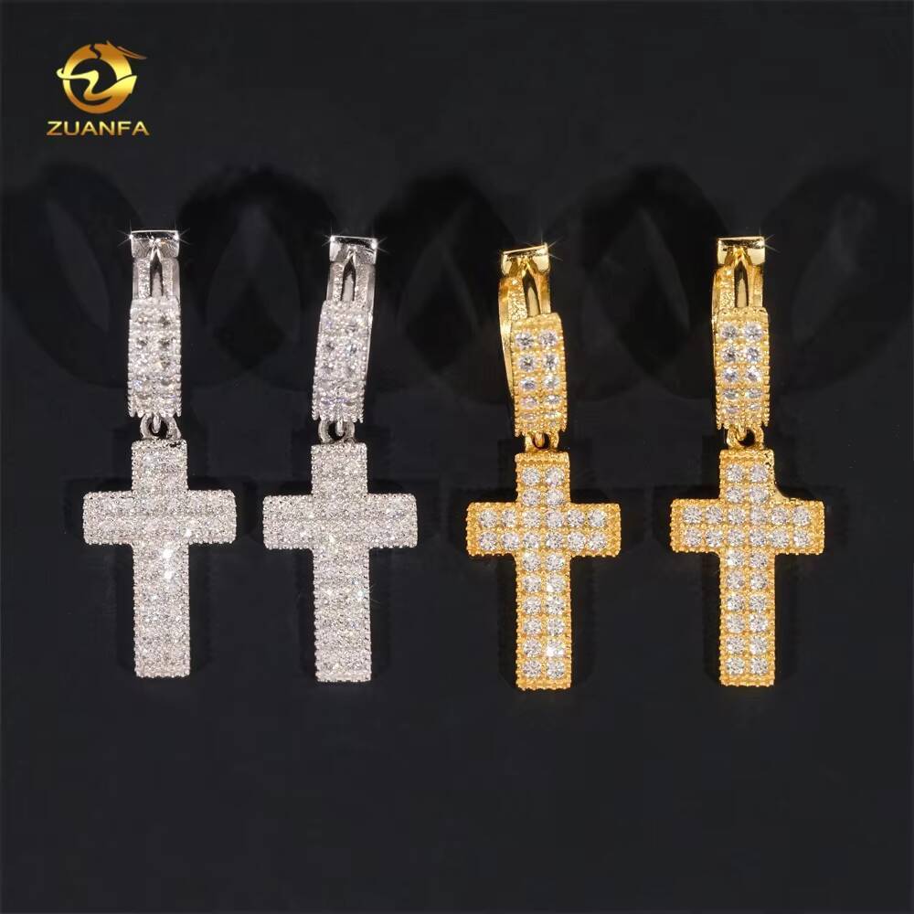 New Fashion Hip Hop Jewelry 925 Silver Iced Out Hoop Cross Drop Moissanite Diamond Earrings for Men