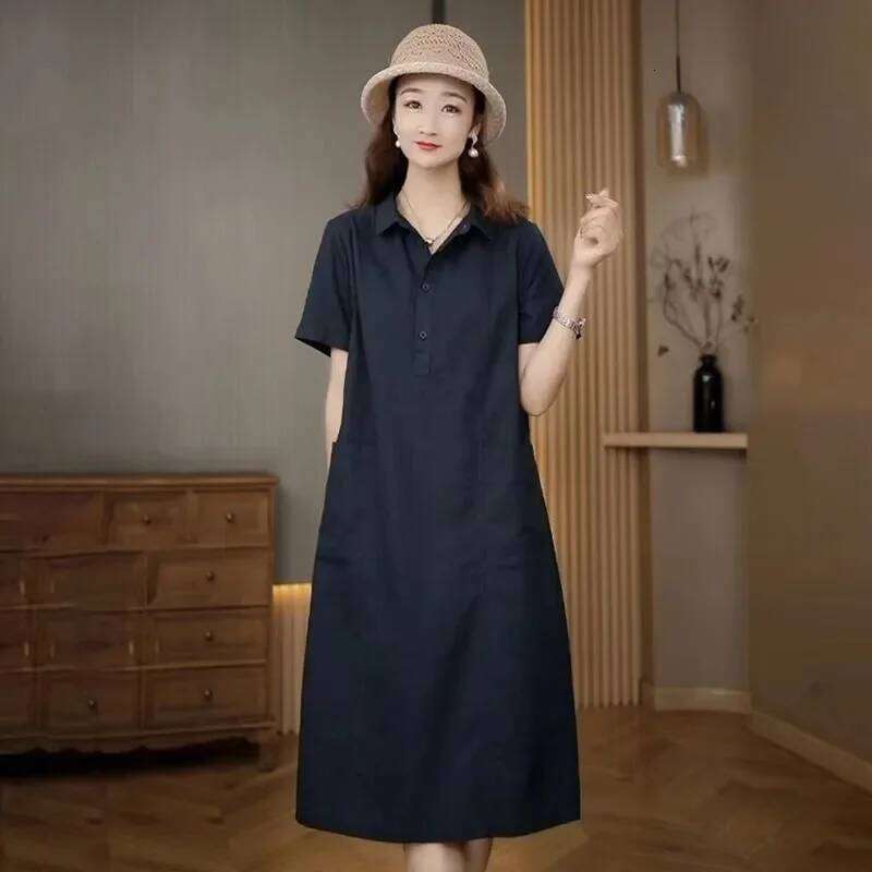 Temperament Solid Color Simple Short-sleeved Polo Collar Loose Pocket Mid-length Versatile Dress XJ260130