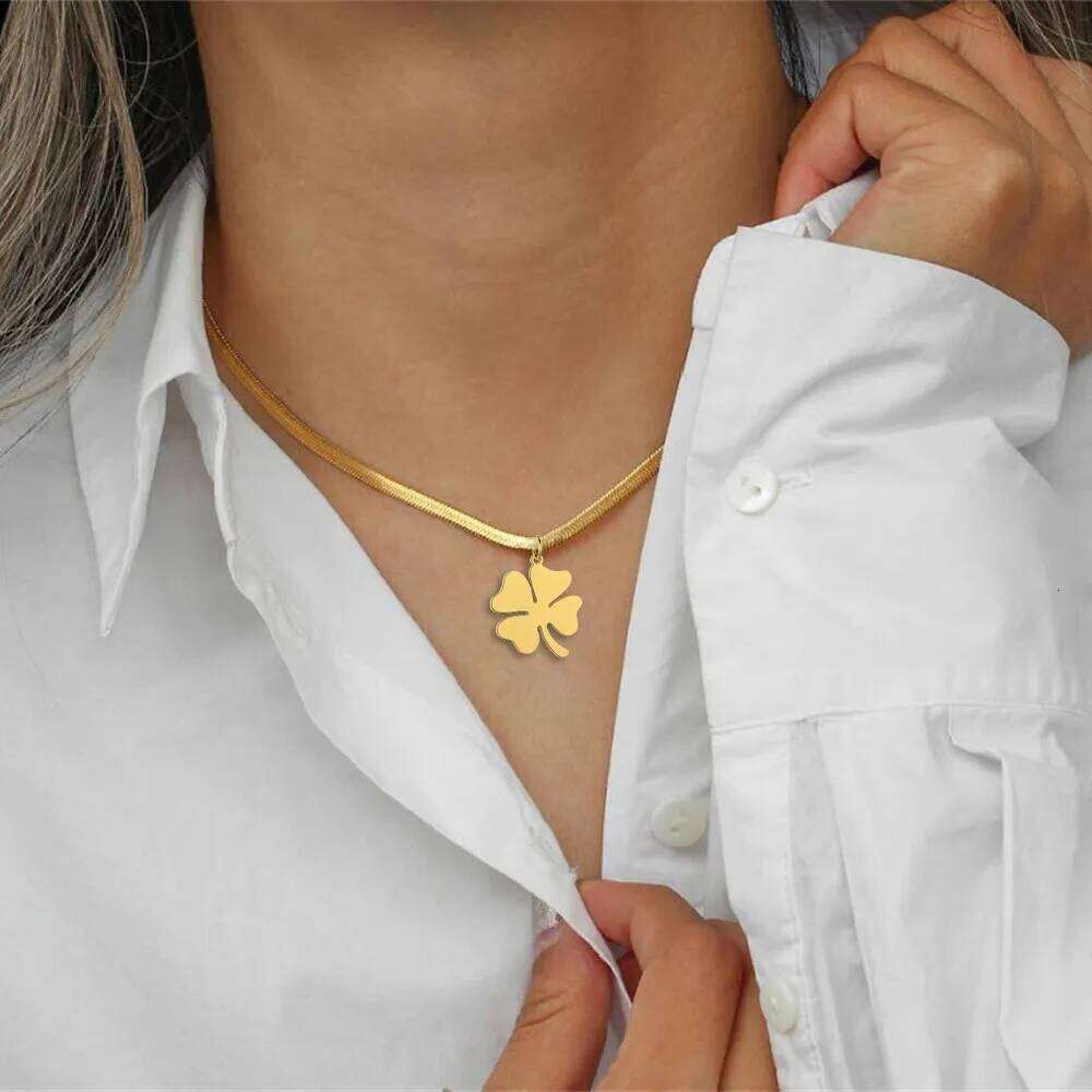 Skyrim Four Leaf Clover Necklace Stainless Steel Gold Color Snake Chain Choker for Women Girls Fashion Jewelry Wholesale