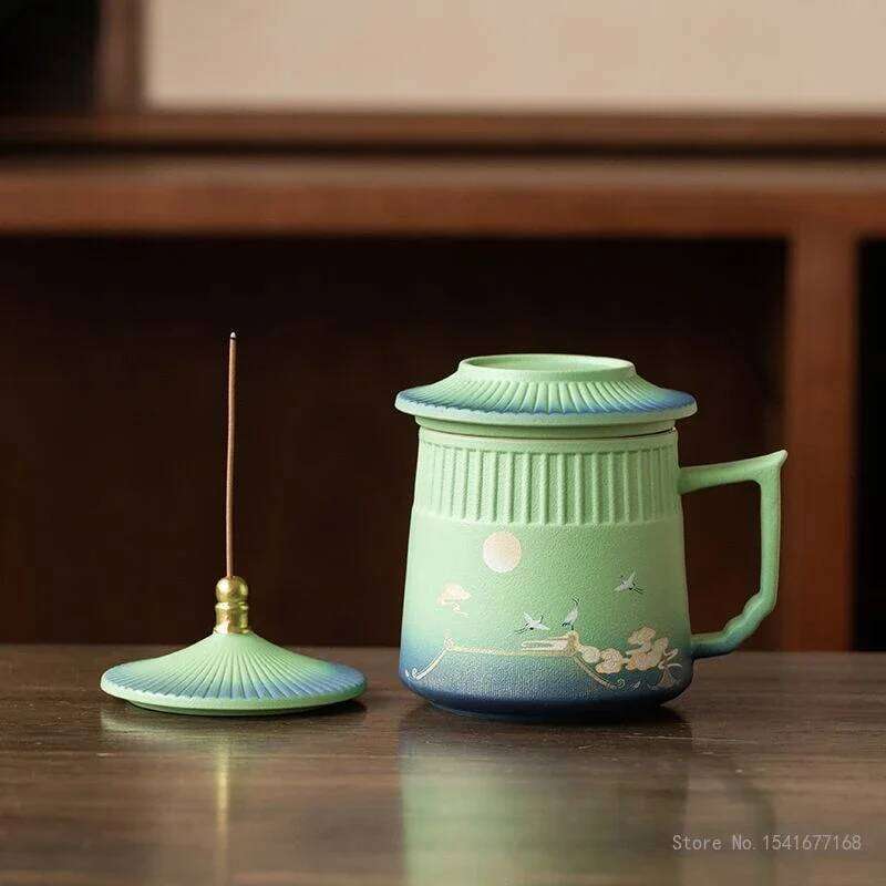 Creative Ceramic Tea Cup with Cover, Chinese Style Crane Pattern Office Supplies, Handle Teacup Separation Filter Water Mug, 1Pc
