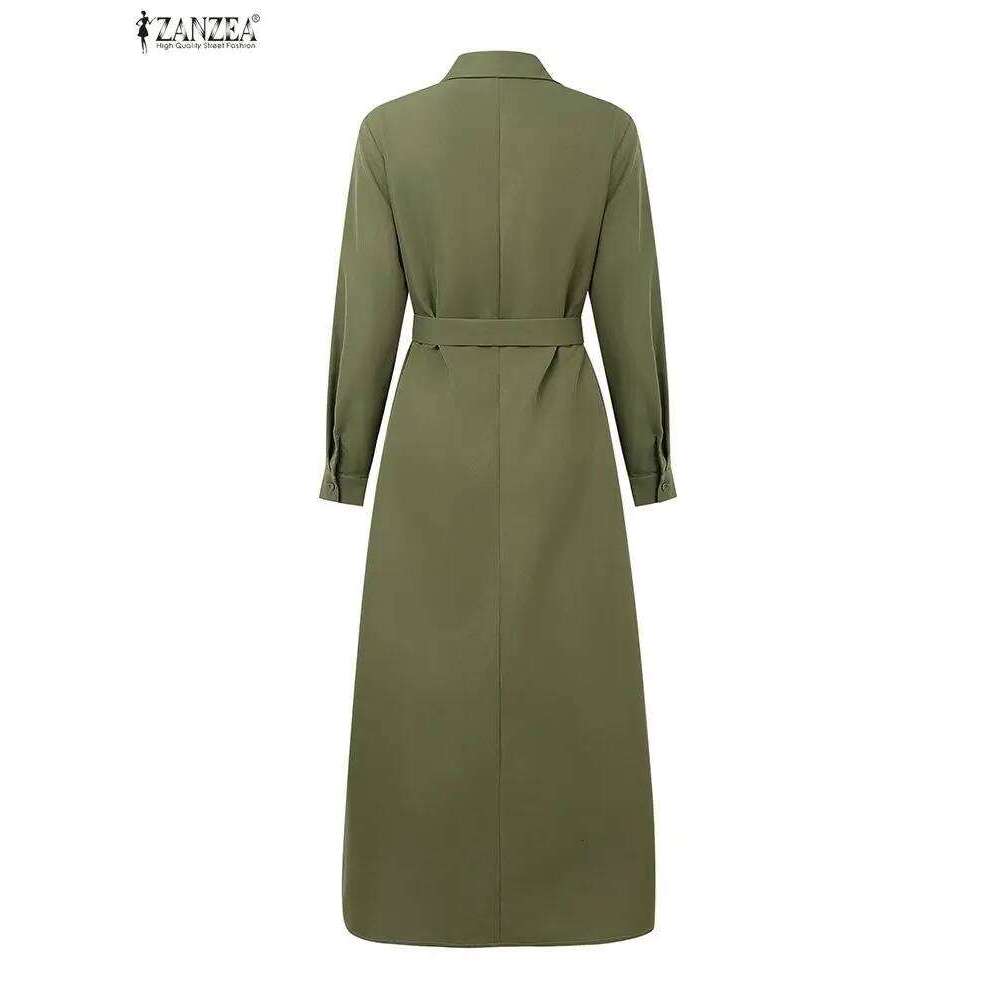 Women Autumn 2025 Cargo Maxi Dresses Casual Long Sleeve Pockets Belted Collared Shirt Dress ZANZEA Commuting Workwear S-3XL XJ260130