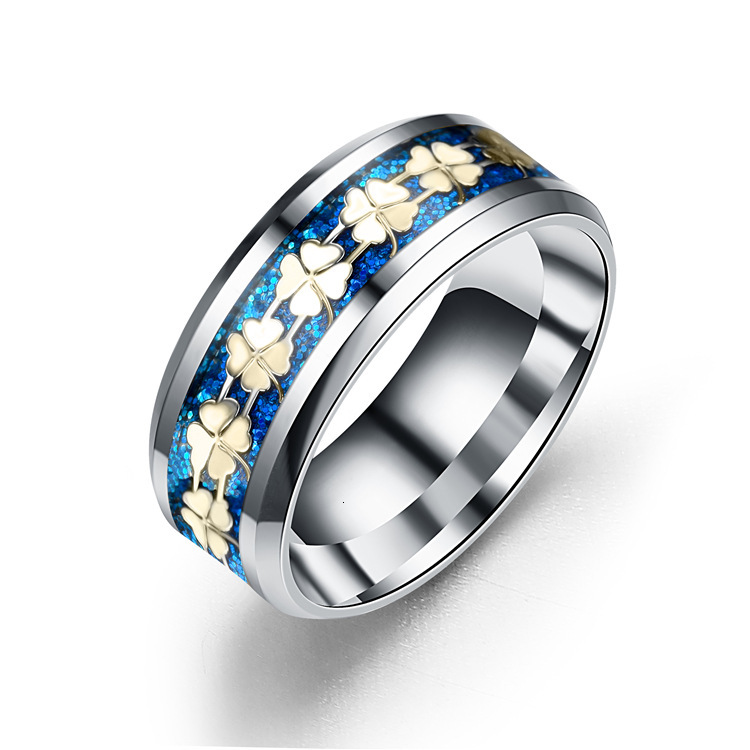 New Micro Inlaid Glazed Four-Leaf Clover Titanium Steel Fashion Personality Hot-Selling Tail Ring Manufacturer Wholesale