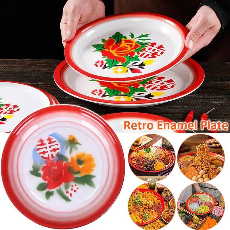 18/25/35/40cm Vintage Enamel Snack Serving Plate Chinese Traditional Round Tea Tray Wedding Party New Year Decor Tableware ddmydog